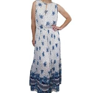 #119 Size Xxl Midi Dress Floral Pleated Sleeveless Cream Teal Black Maison Jules